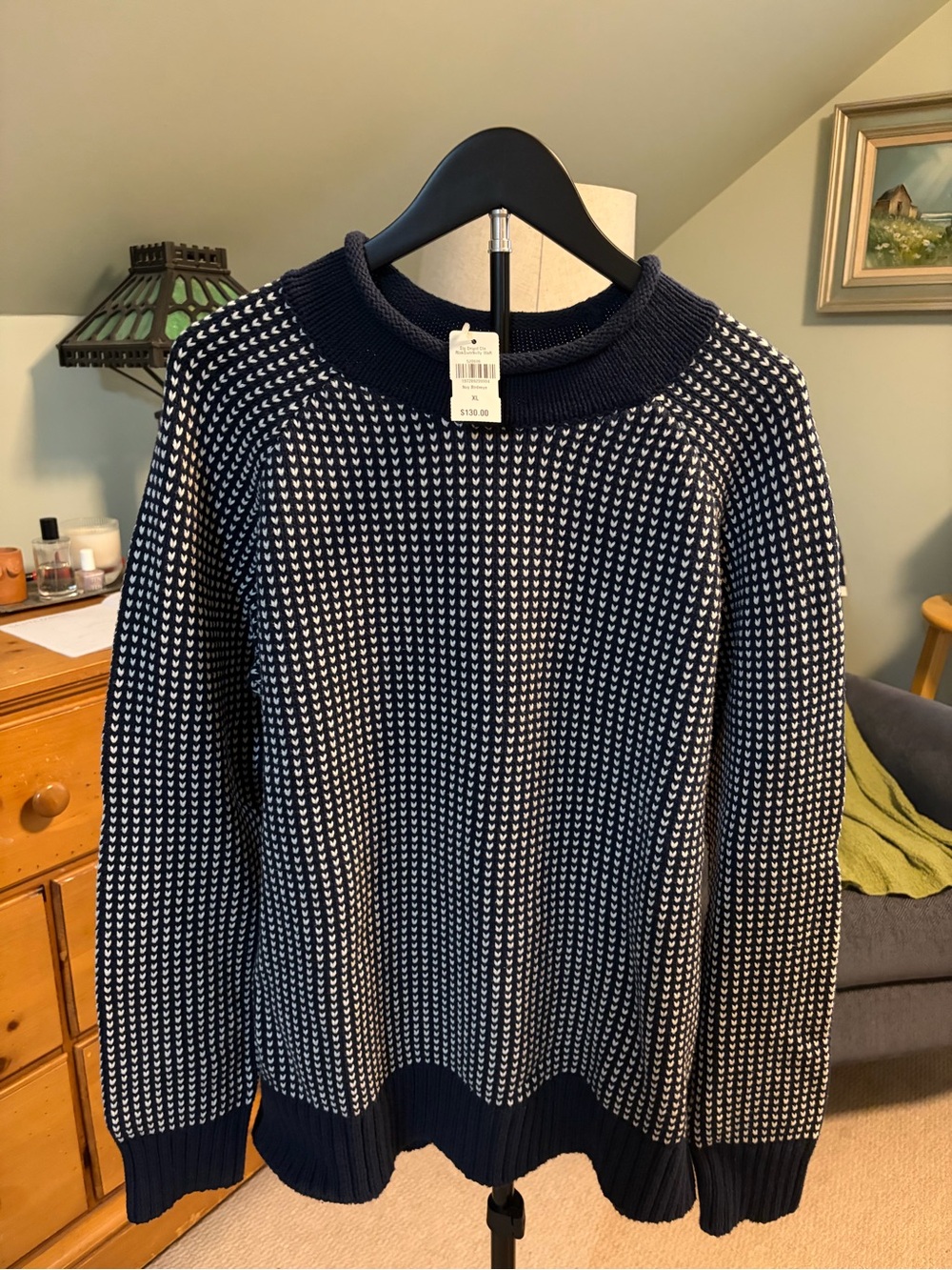 LLBean Signature Navy and White Knit Sweater - Women's XL